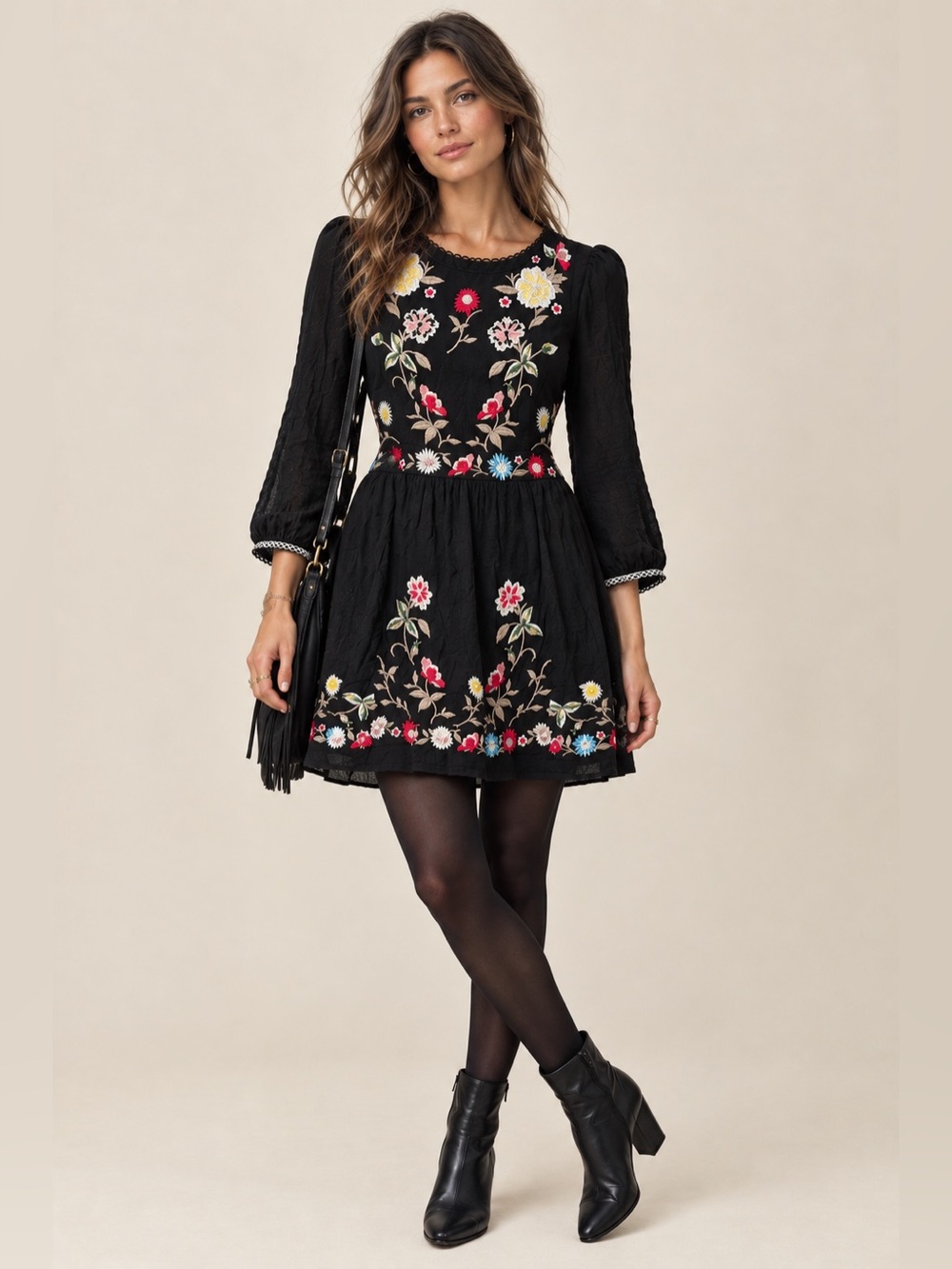 French Connection 6 Embroidered Floral Fit & Flare Dress Boho Witchy Whimsigoth